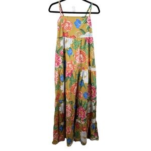 Miss Miss Tiered Floral Maxi Sundress Pink Gold Stretch Cotton Tropical sz M